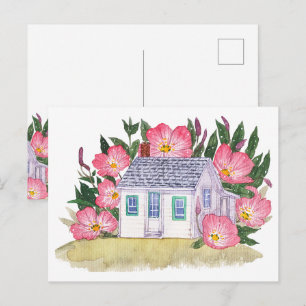 Küstenhaus und rosa Wildblumen-Postkarte Postkarte