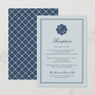 Küstenhochzeit Dusty Blue Monogramm Empfang Begleitkarte