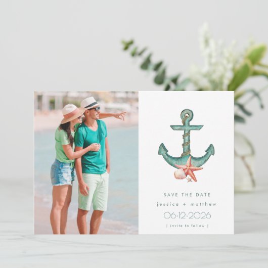 Küstenhochzeit-Foto Save the Date (Stehend Vorderseite)