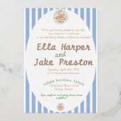 Küstenhochzeit mit blauen Streifen Folieneinladung (Vorderseite)