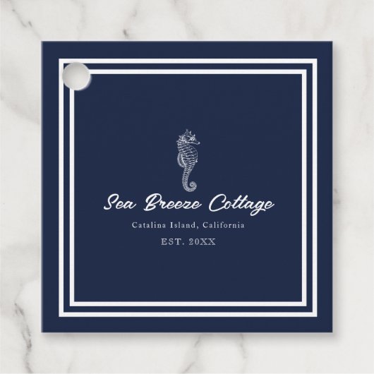 Küstenkarm: Blau-weißes nautisches Seepferd Geschenkanhänger (Vorderseite)