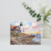 Küstenlandschaft mit Hütte und Leuchtturm Postkarte (Stehend Vorderseite)