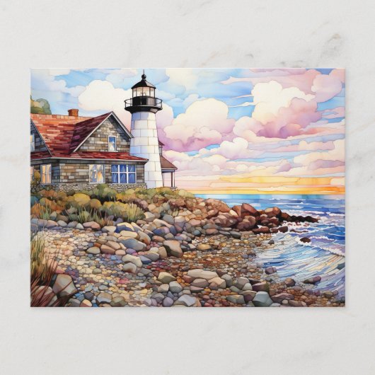 Küstenlandschaft mit Hütte und Leuchtturm Postkarte (Vorderseite)
