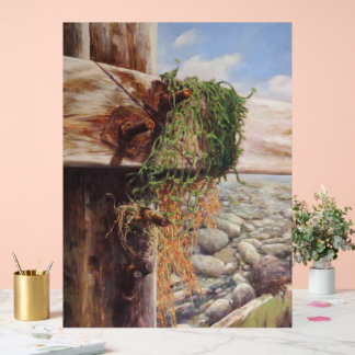 Küstenlandschaft mit Kies und verwittertem Holz. Acrylschild