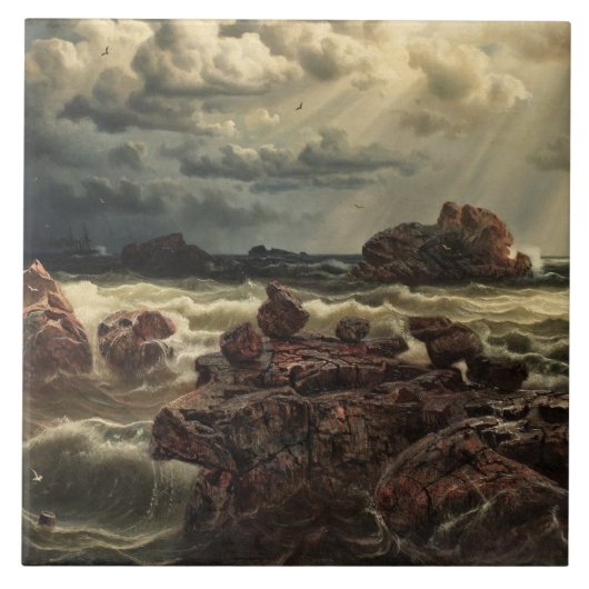 Küstenlandschaft mit Schiffen am Horizont Fliese (Vorderseite)