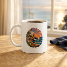 Küstenleuchtturm-Sonnenuntergang-Ozean-Kunst-Tasse