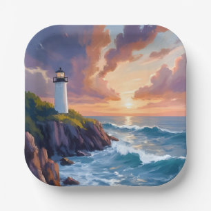 Küstenleuchtturm Sonnenuntergang   Strand Ozean Ge Pappteller