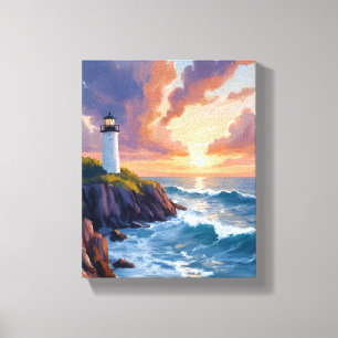 Küstenleuchtturm Sonnenuntergang   Strand Ozean Ma Leinwanddruck
