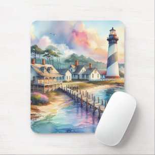 Küstenleuchtturm- und Strandhäuschen-Szene Mousepad