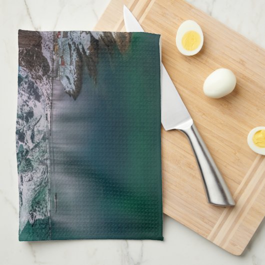 Küstenlinie | Lofoten Islands, Hamnoy, Norwegen Geschirrtuch (Viertel Falte)