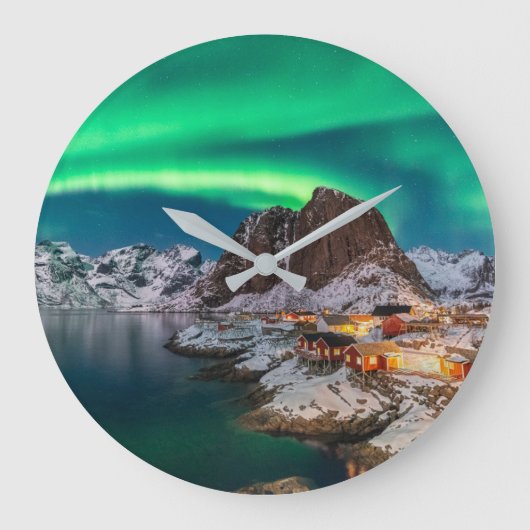 Küstenlinie | Lofoten Islands, Hamnoy, Norwegen Große Wanduhr (Vorderseite)