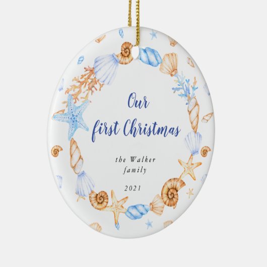 Küstenmeer Muschel Unser erstes Weihnachtsfest Fot Keramik Ornament (Rechts)