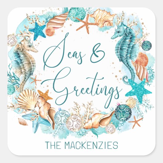 Küstenmeere und Seepferd Muscheln Quadratischer Aufkleber (Vorderseite)
