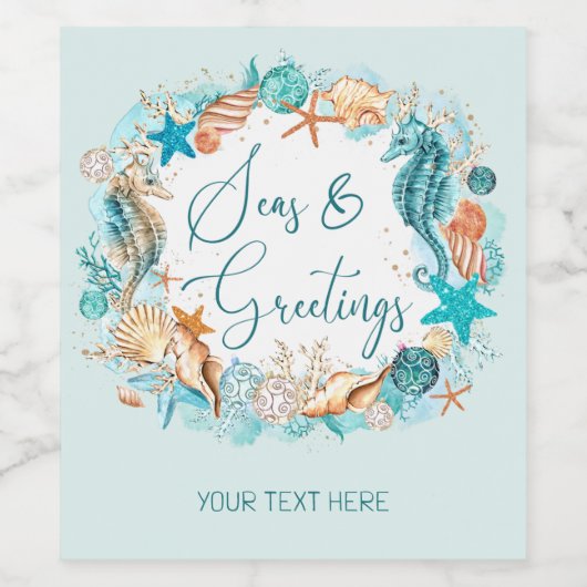 Küstenmeere und Seepferd Muscheln Weinetikett (Einzelnes Label)