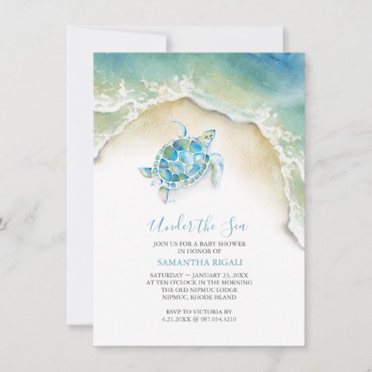 KüstenmeerSchildkrötenblauer Babydusche Wasserfarb Einladung (Vorderseite)