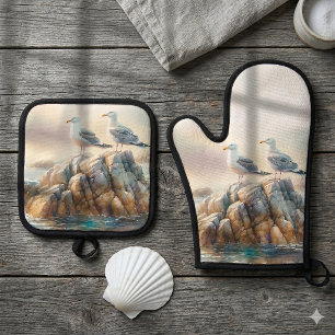 Küstenmöwen Aquarell Seelandschaft Ofenhandschuh & Topflappen-Set