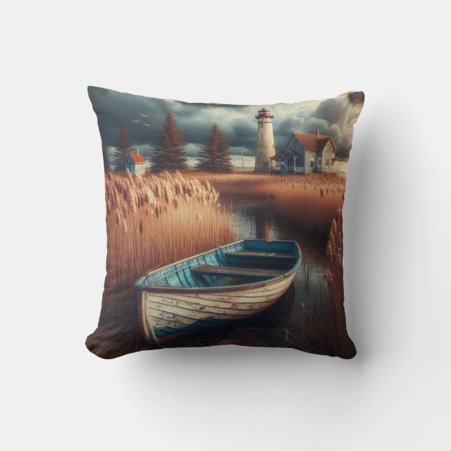 Küstennähe: Leuchtturm und Rowboat Kissen (Vorderseite)