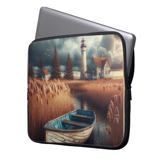 Küstennähe: Leuchtturm und Rowboat Laptopschutzhülle (Vorderseite Links)