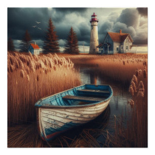 Küstennähe: Leuchtturm und Rowboat Poster