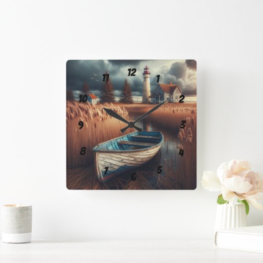 Küstennähe: Leuchtturm und Rowboat Quadratische Wanduhr (Zuhause)