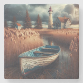 Küstennähe: Leuchtturm und Rowboat Steinuntersetzer