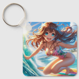 Küstennahes/nautisches/tropisches Anime-Surfer-Mäd Schlüsselanhänger