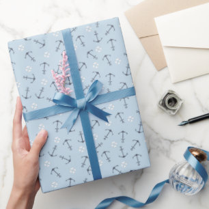 Küstennautische kleine Anker auf weichem Blau gewo Geschenkpapier