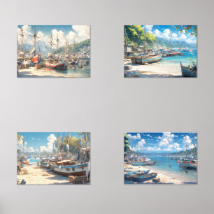 Küstenort mit Fischerbooten Bilderwand Sets