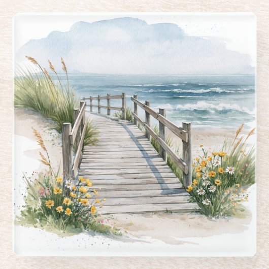 Küstenpromenade Aquarell Glasuntersetzer (Vorderseite)