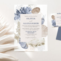 Küstensandstrand blaue Muschel-Hochzeitseinladung