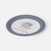 Küstensandstrand blaue Muschelhochzeit Pappteller (Schrägansicht)