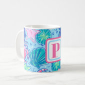Küstenschalen & Krabben Monogramm Hellblau Kaffeetasse (Vorderseite Links)