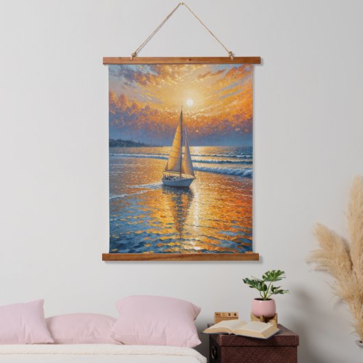 Küstenschiff Sunset Sailboat Wandteppich Mit Holzrahmen (Schlafzimmer)