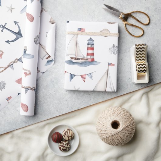 Küstenschifffahrt 4. Juli-Segelboote Leuchtturm Geschenkpapier (Basteln)