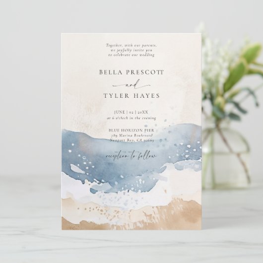 Küstenschifffahrt Strand-Wave Sand Elegante Hochze Einladung (Stehend Vorderseite)