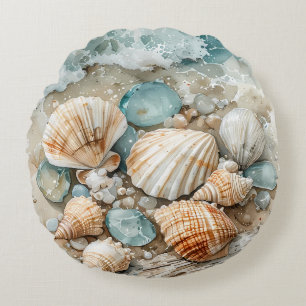 Küstenschnecken-Wasserfarben-Treibholz-Szene Rundes Kissen
