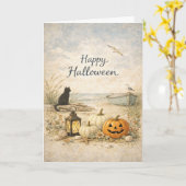Küstenschwarze Katzenruderboot-Halloween Karte (Gelbe Blume)