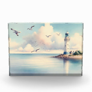 Küstensee-Leuchtturm-Möwen Pastellhimmel Ruhe Fotoblock