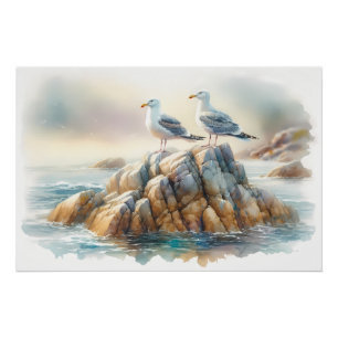 Küstenseemöwen Aquarell-Seelandschaft Poster