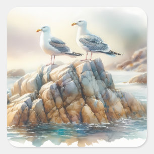 Küstenseemöwen Aquarell-Seelandschaft Quadratischer Aufkleber