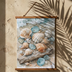 Küstenseemuschel-Aquarell-Treibholz-Szene Wandteppich Mit Holzrahmen