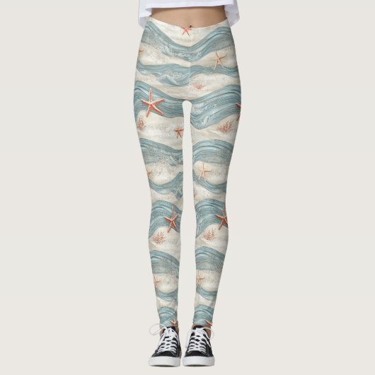 Küstenseestern auf Aqua-Sandwellen-Muster (7) Leggings (Vorderseite)