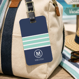 Küstensommer Navy Minze Streifen Monogramm Name Gepäckanhänger