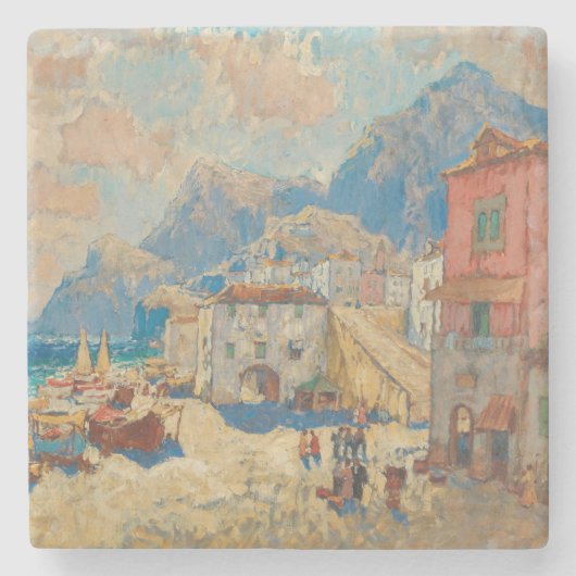 Küstenstadt in Spanien (Vintage spanische Landscha Steinuntersetzer (Vorderseite)