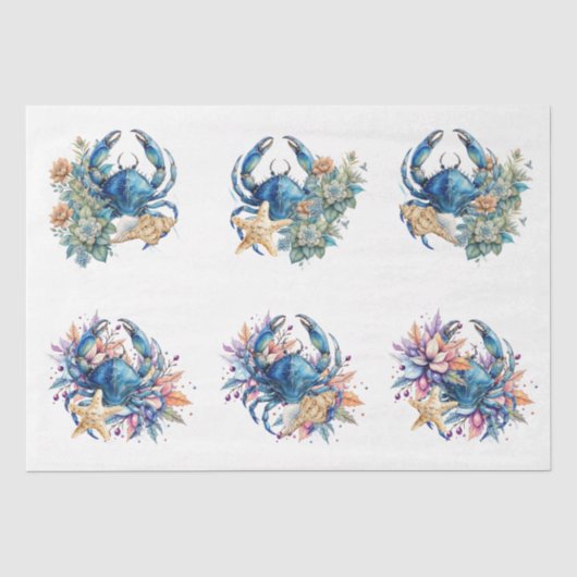 Küstenstrand Floral Blaue Krabbe & Muscheln Decoup Seidenpapier (Vorderseite)