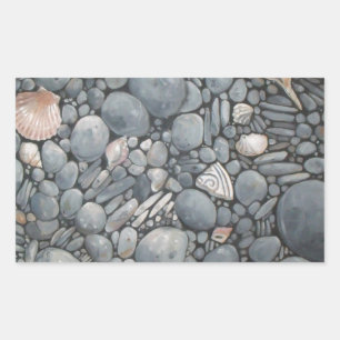 Küstenstrand Kiesel und Muscheln Malerei Druck Rechteckiger Aufkleber