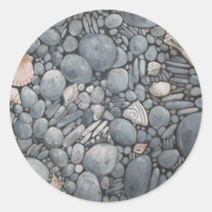 Küstenstrand Kiesel und Muscheln Malerei Druck Runder Aufkleber