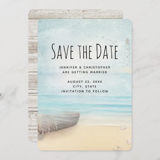 Küstenstrand mit Hochzeit des Bootes retten das Da Save The Date (Vorne/Hinten)
