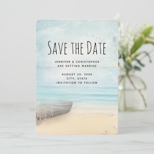 Küstenstrand mit Hochzeit des Bootes retten das Da Save The Date (Stehend Vorderseite)