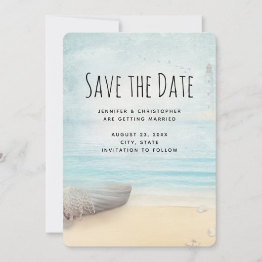 Küstenstrand mit Hochzeit des Bootes retten das Da Save The Date (Vorderseite)